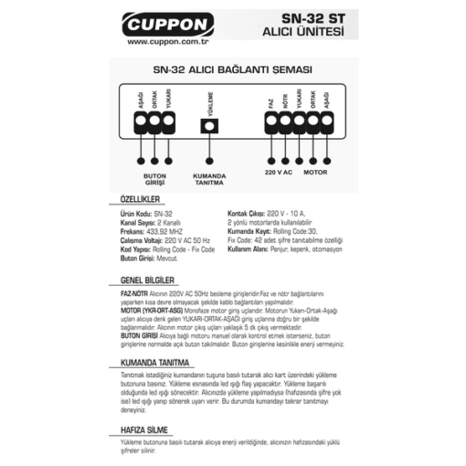 Cuppon SN32 Kepenk Alıcısı Kullanım Kılavuzu