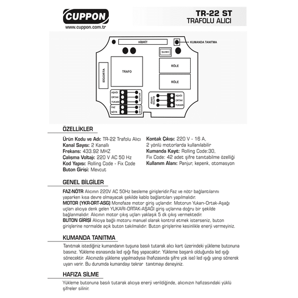 Cuppon TR 22 Trafolu Alıcı Kart Kullanım Kılavuzu